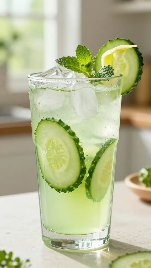 A high-resolution, realistic photo of a chilled cucumber coconut cooler served in a clear glass tumbler, ice cubes shimmering with condensation. The beverage displays a pale green hue from coconut water, with thin cucumber slices visible inside and a delicate cucumber ribbon garnish resting across the rim. A few fresh mint leaves float near the surface, adding vibrant green contrast. The background features a sunlit, summery kitchen counter with soft, warm light and blurred greenery outside the window to evoke a hot, refreshing vibe. Subtle droplets on the glass and a hint of lemon juice glint in the light, with focus on the glass to capture texture, clarity, and refreshing allure. No text or labels in the frame.