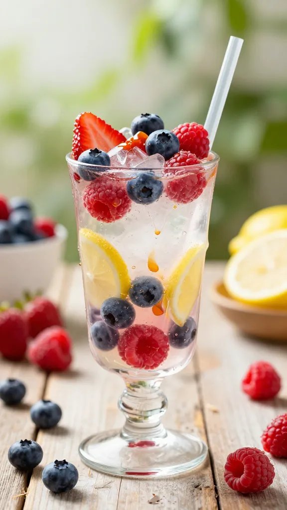 A high-resolution, photorealistic image of a vibrant Berry Coconut Splash drink served in a tall, clear glass on a rustic wooden table. The glass is filled with icy coconut water, visible bits of mixed berries (strawberries, blueberries, raspberries) and a splash of lemon juice, with a light honey-glazed sheen. Muddled berries rest on top as a colorful garnish, adding a rainbow-like hue across the drink. The background features soft summer lighting with fresh berries scattered around, a small bowl of lemon halves, and a faint, diffused bokeh of greenery to evoke a sunny garden setting. No text on the image; ensure glass condensation, translucent straw, and a refreshing, summery vibe.