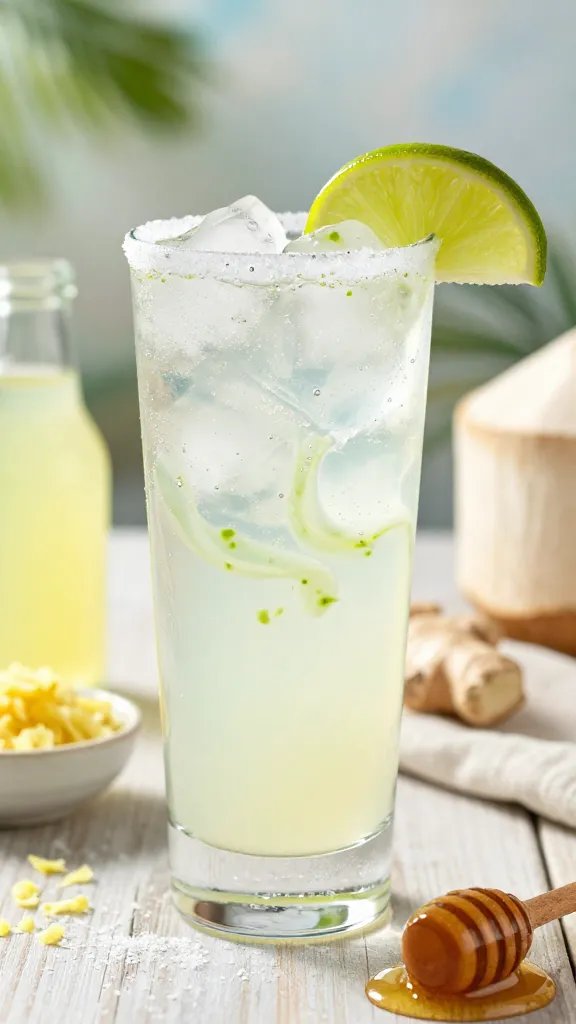 A high-contrast, photorealistic 50mm lifestyle shot of a refreshing Ginger Lime Coconut Sparkler in a tall, clear glass with a frosted rim, ice cubes glistening, and tiny bubbles rising to the surface. The glass is filled halfway with a pale, sunlit coconut-water base, swirled with pale green ginger specks and a bright wedge of lime perched on the rim. A subtle splash of sparkling water adds a lively fizz, creating delicate condensation on the glass. Surrounding props include a small bowl of grated ginger, a tiny glass bottle of lime juice, and a drizzle of honey on a wooden spoon. The background features a sunlit outdoor summer scene with soft bokeh, a pale linen napkin, and a lightly salted wooden surface to evoke a refreshing, tropical vibe. The main subject should be the Ginger Lime Coconut Sparkler from the article title, presented as an inviting, studio-quality beverage ready to sip. No text on the image.