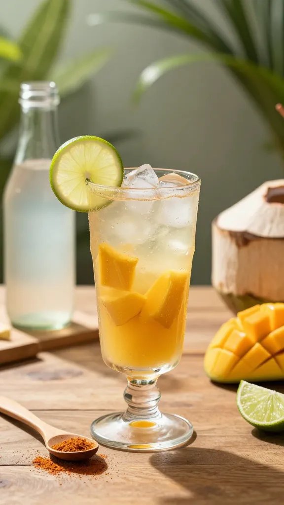 A vibrant, high-resolution still life of a tropical mango coconut breeze in a tall, clear glass on a sunlit wooden patio table. The beverage is pale gold with visible mango pieces and a thin lime wheel perched on the rim, ice cubes glistening, condensation beads forming on the glass. Surrounding props include a small wooden spoon with a pinch of chili powder, a halved ripe mango with orange flesh, a lime wedge, and a rustic glass bottle of coconut water in the background. Soft natural light from the side creates warm highlights, subtle shadows, and a dreamy, summery mood. The scene exudes a mellow, sunny vibe with a hint of tropical fragrance, modern yet approachable styling, no text on the image.