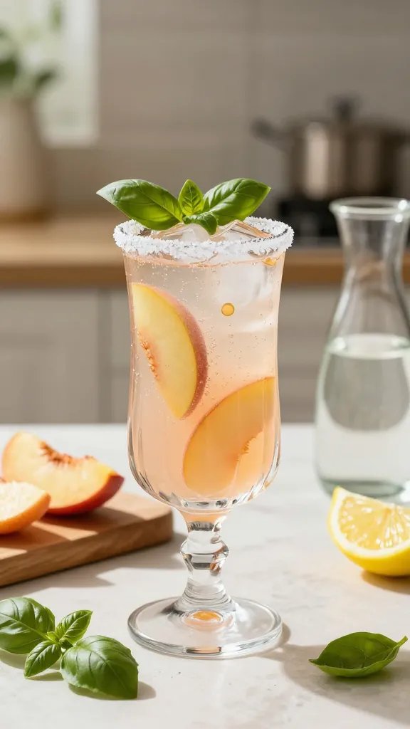 A high-resolution, photorealistic still life of a sophisticated summer cocktail titled "Coconut Water Peach Basil Fizz" as the central subject. A clear, tall crystal glass is rimmed with sugar and filled with ice, showcasing a pale peachy-pink fizz with tiny bubbles. Inside the glass visible peach slices, fresh basil leaves, and a hint of coconut water, with a delicate splash of lemon juice and a subtle drizzle of honey. A light, refreshing glow from warm natural sunlight highlights condensation on the glass. Surrounding props include a small wooden cutting board with peach slices, a few extra basil sprigs, a lemon wedge, and a tiny carafe of coconut water. The background is a softly blurred neutral-toned kitchen scene or outdoor patio with airy bokeh to convey a summery vibe. The overall composition is elegant, minimalistic, and inviting, with emphasis on texture of the sugar rim, the translucent liquid, and the fresh herbal aroma suggested by the basil. No text on the image.