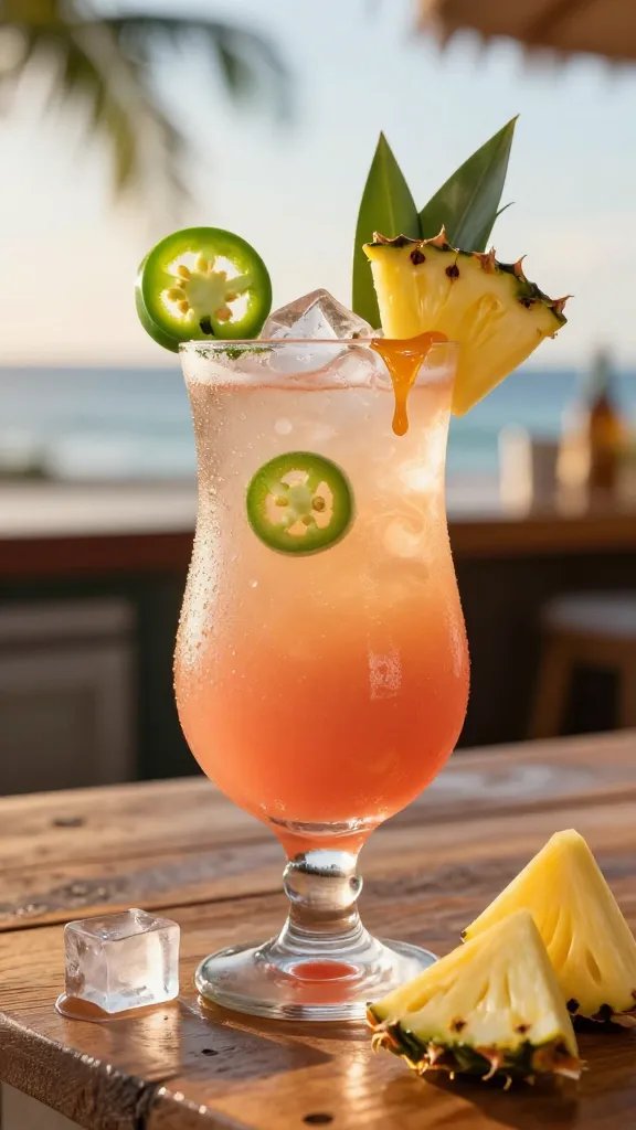Create a hyper-realistic, high-resolution food photograph featuring a vibrant tropical cocktail named "Spicy Coconut Sunset." Center a tall, frosted glass filled with a shimmering pale pink-orange beverage, showing condensation droplets. Inside the drink, thin jalapeño rings float near the surface and a delicate pineapple juice swirl creates a subtle sunset gradient from pale yellow at the bottom to warm coral at the top. Garnish with a bright green jalapeño ring perched on the rim and a small pineapple leaf tucked beside the glass. Surround the glass with a few ice cubes, half-minished pineapple chunks, and a drizzle of glossy agave nectar on the rim. Set on a rustic wood bar counter with warm, diffused sunset lighting casting a soft glow and gentle shadows. In the background, a blurred tropical setting with hints of palm leaves and a pale blue sky, keeping the focus on the glass. No text or branding visible.