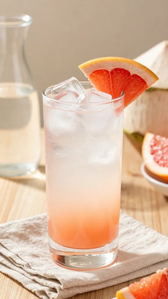 A high-resolution, photorealistic image of a refreshing Coconut Water Grapefruit Sparkle drink as the main subject, styled for a summer showcase. Center a tall, clear glass filled with icy coconut water and a pale pink grapefruit hue, topped with a couple of translucent ice cubes and a delicate grapefruit wheel perched on the rim. Surround the glass with a soft, sunlit backdrop—natural wooden table with a light linen napkin, a small glass carafe of coconut water, and a tiny bowl of fresh grapefruit segments to hint at ingredients. Include a subtle splash of vodka in the glass for optional brightness, but keep the scene clean and uncluttered. Use natural, warm lighting to highlight the sparkling edges of the liquid and the frosted ice, with a shallow depth of field to keep the focus on the drink. No text on the image.