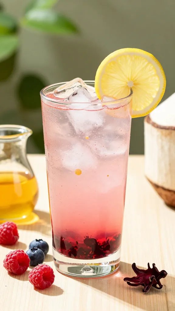 A realistic and high-quality photograph of a sunlit, refreshing Berry Coconut Iced Tea, presented in a tall, clear glass with rounded edges, filled with ice and a pale pink-tinked tea. The beverage should show visible hibiscus hue, with tiny berry fragments floating and a slight sheen from the honey drizzle on the surface. Surround the glass with a small cluster of fresh berries (raspberries and blueberries) and a thin lemon slice perched on the rim for a subtle zing. Place the glass on a light, natural wooden surface with a soft-focus background of greenery and warm summer light filtering through, casting gentle shadows. Include a small, elegant pitcher of coconut water and a tiny jug of honey nearby, plus a halved hibiscus flower as a natural garnish accent. Ensure the composition highlights the main subject from the article title: the Berry Coconut Iced Tea Hybrid, conveyed as an enticing, thirst-quenching summer beverage. No text on the image.