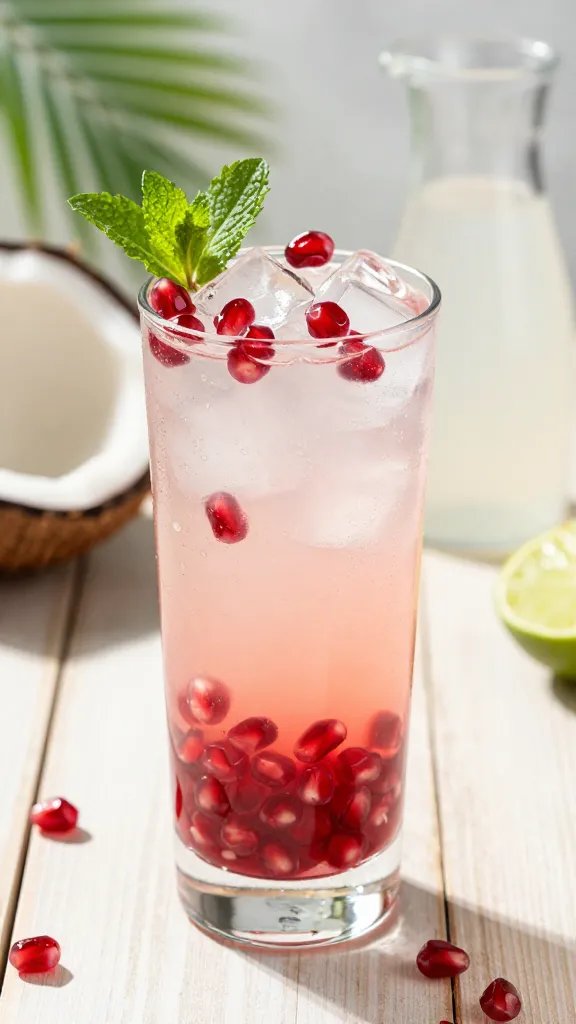 A high-resolution, photorealistic image of aRefreshing Coconut Water Pomegranate Punch served in a tall clear glass, positioned on a bright, sunlit wooden table. The drink is a pale pinkish-hab with visible, juicy pomegranate seeds suspended throughout and a scattering of extra seeds topping the surface along with a generous crown of clear ice cubes. The glass should be garnished with a few whole pomegranate seeds clinging to the rim and a delicate sprig of mint for a pop of green. In the background, softly blurred tropical elements—thin coconut shell segments, a small pitcher of extra coconut water, and a sliced lime—suggest a summery vibe. The lighting is natural and vibrant, highlighting the sparkling condensation on the glass and the juicy texture of the pomegranate seeds, with a shallow depth of field to keep the focus on the drink as the main subject. No text on the image.