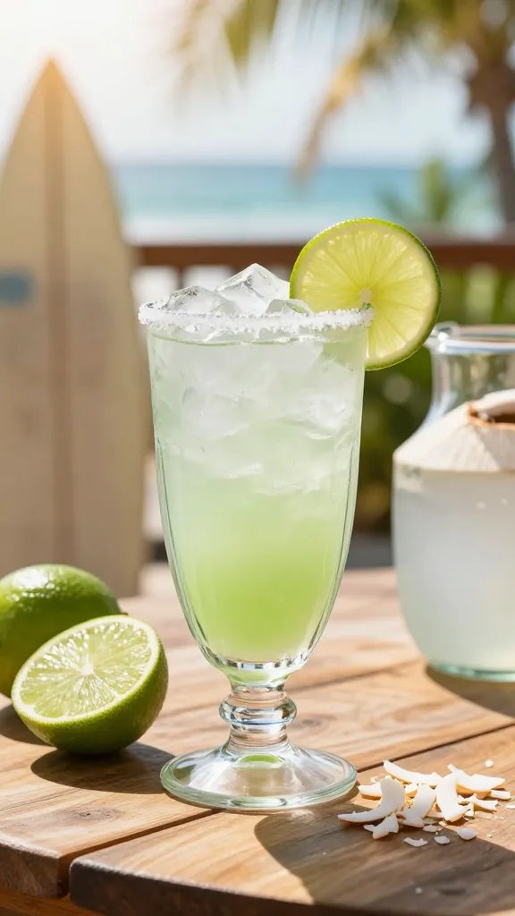 A high-resolution, photorealistic image of a refreshing Coconut Limeade with a Sunny Twist served in a tall crystal-clear glass on a sunlit wooden outdoor table. The limeade is a pale, icy green with visible crushed ice, a subtle frosted rim sprinkled with fine salt, and a thin lime wheel garnish perched on the rim. Surround the glass with a halved lime, a small glass pitcher of coconut water, and a sprinkle of coconut shavings to hint at the coconut base. In the background, soft-focus tropical greenery and warm golden sunlight create a summery mood, with a hint of surf culture via a weathered surfboard leaning against a blurred railing. The composition should be bright, clean, and inviting, emphasizing the beachy, tropical vibe and the idea of a limeade that learned to surf. No text on the image.