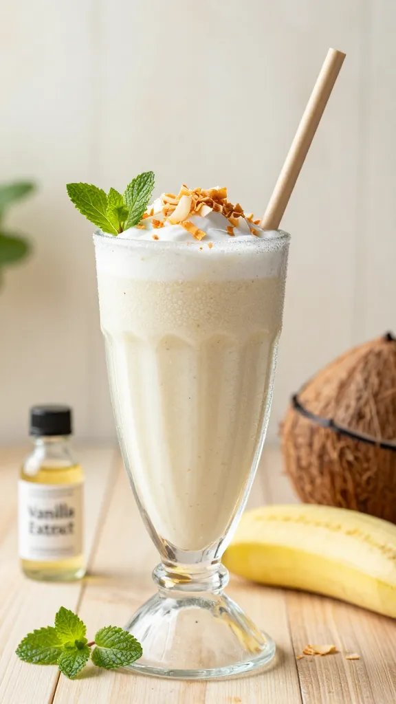 A high-resolution, photorealistic still life of a refreshing Coconut Vanilla Dream Shake served in a tall transparent glass with a slight frosty rim, showcasing a creamy pale coconut color and visible vanilla specks. The glass sits on a light wooden surface with a soft, sunlit background suggesting a warm summer kitchen or outdoor patio. Include a light dusting of toasted coconut flakes cascading over the rim and a slender reusable straw angled gracefully beside the glass. Garnish with a small sprig of mint for a fresh contrast, and place a halved frozen banana and a small bottle labeled “Vanilla Extract” nearby to imply ingredients. Emphasize condensation on the glass, rich texture, and inviting, dessert-like indulgence while maintaining a clean, minimalist composition. No text on the image.