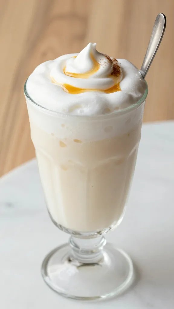 A high-resolution, photorealistic still life of a tall, clear glass filled with a frothy, creamy coconut water yogurt float. The top layer should look velvety and light, with visible swirls of dairy-free yogurt creating a creamy crema atop the translucent coconut water, and a gentle whirl of foam. Ice visible at the base and around the glass, with a subtle cinnamon dusting or tiny pinch atop the foam for a cozy vibe. A delicate drizzle of honey lightly pooled at the surface adds a touch of amber sheen. Include a tall spoon resting against the glass to hint at scooping the creamy layer. Elegant tropical lighting, natural wooden or white marble surface, soft shadows, and minimalistic garnishes (no text) to emphasize freshness, texture, and indulgence. The main subject should be the Creamy Coconut Water Yogurt Float, shot from a slightly elevated angle to showcase the frothy top, the creamy swirl, and the glass’s height.