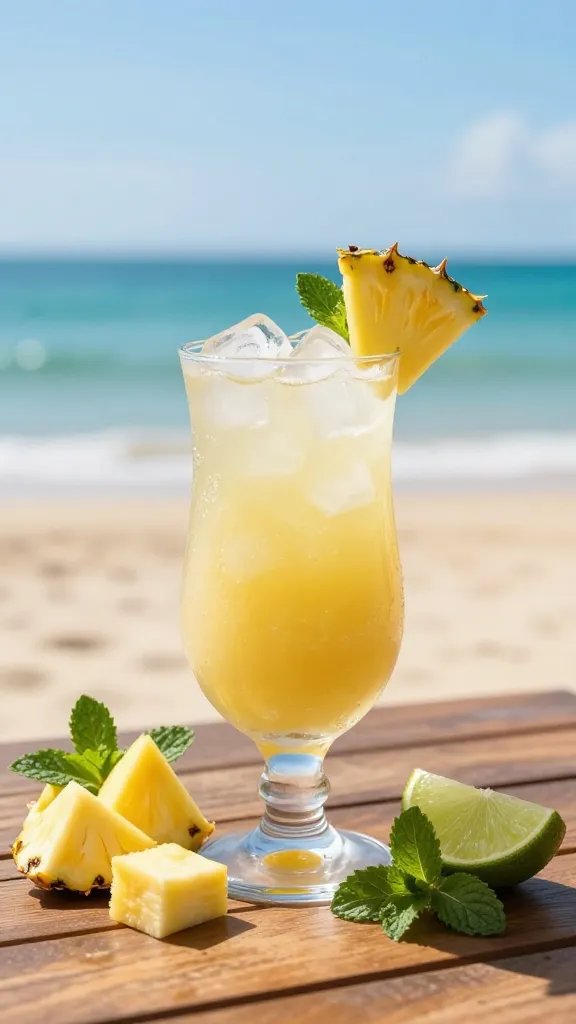 A vibrant, high-resolution food photography scene featuring a tall glass of Pineapple Mint Coconut Water Sunrise as the main subject, placed on a sunlit beachside wooden table. The glass is filled with a pale golden-pineapple smoothie, translucent ice cubes, and a faint mint leaf garnish peeking through the surface. Surround the glass with a few fresh pineapple chunks, a couple of mint sprigs, and a lime wedge for color contrast. The background shows a softly blurred turquoise ocean and golden sandy beach under clear blue skies, with gentle natural light casting a warm glow and subtle reflections on the glass. Use a shallow depth of field to keep the smoothie in sharp focus while the beach setting remains dreamy. No text or logos on the image.