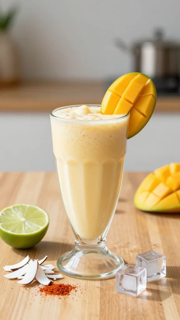 A high-resolution, close-up photograph of a glass of Creamy Mango Coconut Bliss smoothie, front and center on a sunlit wooden table. The smoothie should have a velvety, pale mango color with a frothy, creamy texture visible at the top. Surround the glass with tropical elements: a peeled ripe mango slice resting on the rim, a halved lime, a small cluster of coconut shavings, and a few ice cubes glistening nearby. Include a delicate light dusting of chili powder sprinkled by hand above the surface for a subtle, vibrant accent. In the background, blurred hints of a tropical kitchen scene with soft natural light and neutral, warm tones to emphasize freshness. The composition should be clean and minimal, with no text on the image.