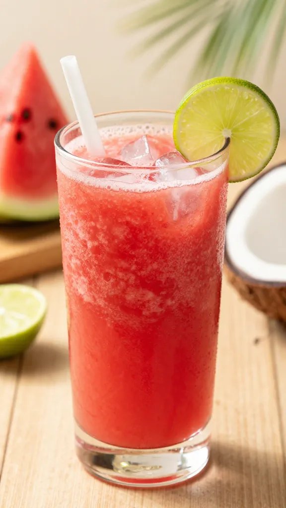 A photorealistic, high-resolution close-up of a refreshing Watermelon Coconut Cooler served in a clear, tall glass with a slight retro flair. The ruby-red smoothie fills the glass to just below the rim, with a thin layer of condensation forming on the outside, and a subtle lime-green reflection from the lime juice. A few small ice cubes float near the top, and a delicate lime wheel sits on the rim alongside a reusable straw that evokes summer vibes. The background features a sunlit tropical setting: warm wooden surface, a sliced wedge of watermelon and a small bowl of coconut water in soft focus, hinting at the ingredients. The overall color palette emphasizes vibrant watermelon pink, pale coconut tones, and a splash of lime green, with natural, diffused lighting to highlight the freshness and juicy texture of the smoothie. No text on the image.