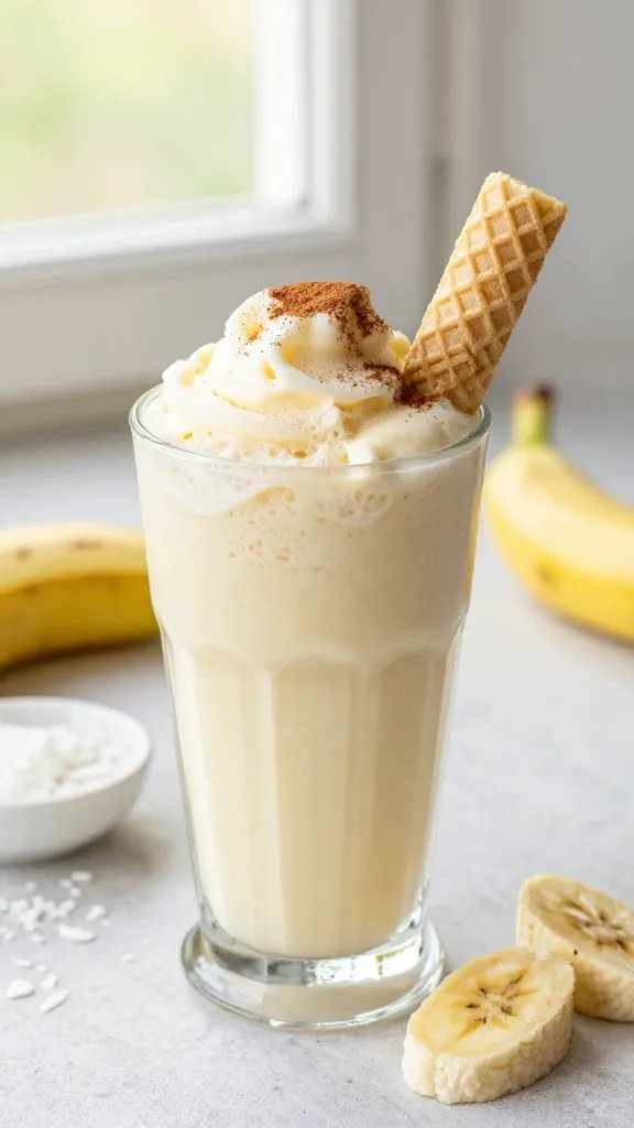 Create a high-resolution, realistic photo of a served Banana Coconut Cream Freeze in a clear glass tumbler on a light, textured breakfast setup. The smoothie should be thick and creamy with a pale banana-vanilla hue and a gentle frothy top. Surround the glass with subtle tropical touches: a halved ripe banana, a small dish of coconut flakes, and a stick wafer leaning against the glass. Include a light dusting of cinnamon over the foam for aroma and visual warmth. Use natural, soft daylight from a nearby window to emphasize creamy textures, with a neutral, sunlit tabletop and minimal background clutter. The main subject should clearly be the Banana Coconut Cream Freeze, presented as a dessert-like yet breakfast-appropriate smoothie, with a delicate, inviting aesthetic that conveys freshness and tropical richness. No text on the image.