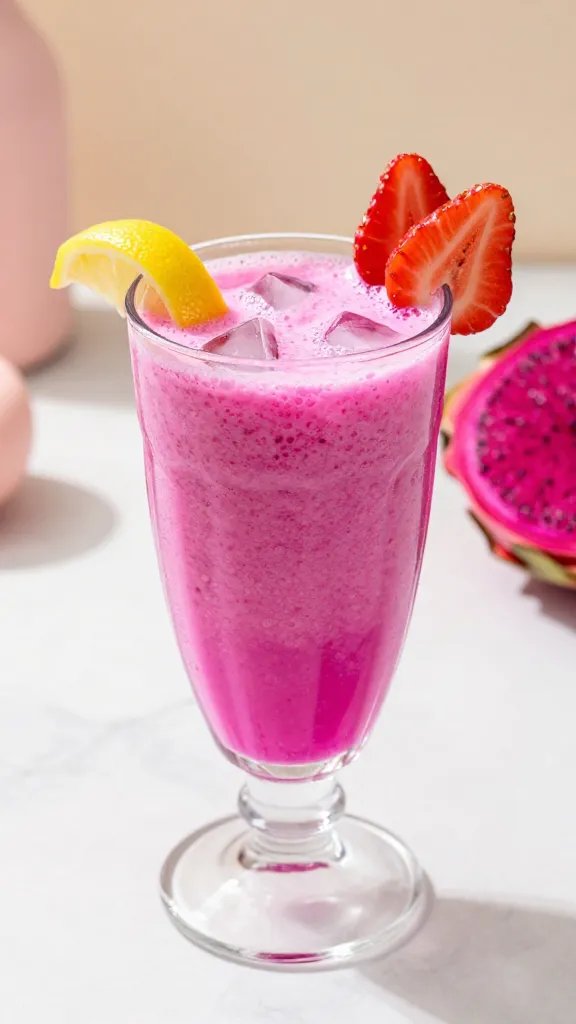 A high-resolution, photorealistic still life of a vibrant pink dragon fruit smoothie in a tall, clear glass with a slight froth on top, placed on a sunlit marble countertop. The smoothie should be a bright, bubblegum-pink color with tiny specks of dragon fruit flesh visible, and a few ice cubes visibly clinking inside the glass. Surround the glass with artful garnishes: a thin lemon twist or wedge resting on the rim, a couple of strawberry slices leaning against the glass, and a small, fresh dragon fruit half showing its magenta flesh with black seeds in the background for context. The scene should be styled in a tropical, girly aesthetic with soft, warm natural lighting, light pastel props, and a shallow depth of field to keep the glass as the focal point while gently blurring the backdrop. No text on the image.