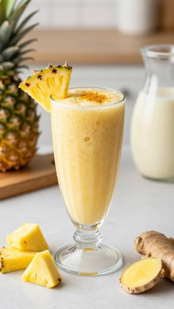 A high-resolution, photo-realistic still life of a tropical smoothie scene titled "Pineapple Ginger Glow." Centerpiece is a tall, frosted glass filled with a frothy, pale golden smoothie, showing a slight shimmer from blended pineapple and coconut water. A delicate pineapply wedge rests on the rim, with a subtle sprinkle of turmeric dusting the surface for a warm glow. Nearby, a small pile of fresh pineapple chunks and a piece of fresh ginger with a thin skin peel hint at the ingredients. Backdrop features a sunlit, airy kitchen counter with natural textures: a wooden board, a light-colored ceramic pitcher of coconut water, and a hint of greenery in soft focus to evoke tropical warmth. Include a gentle condensation on the glass, emphasizing cold refreshment, and ensure the main subject—the Pineapple Ginger Glow smoothie—dominates the frame with vibrant, inviting colors and a clean, minimal composition. No text.