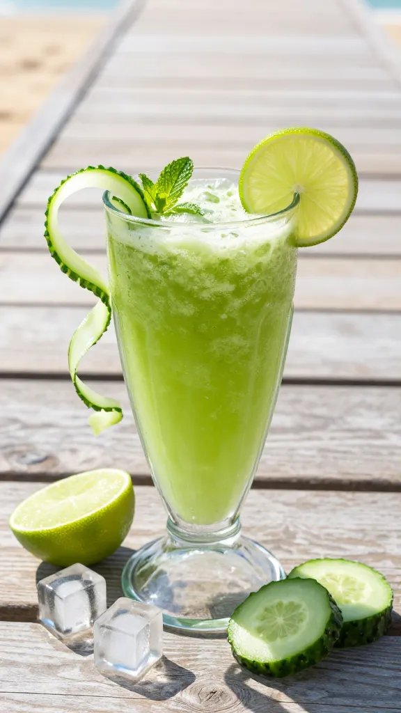 A high-resolution, photorealistic image of a tropical smoothie in a tall transparent glass, brimming with a bright, lime-green beverage that hints at cucumber clarity. The glass sits on a sunlit, lightly weathered wooden beach boardwalk with soft sand hints in the background. A thin, delicate cucumber ribbon spirals along the rim, catching a glint of sunlight. Garnish a subtle lime wheel on the rim and a few mint leaves to accentuate freshness. The smoothie surface shows a slight froth with tiny ice crystals shimmering. Surround with a few ice cubes, half-cut lime wedges, and a small cluster of cucumber slices scattered nearby. Natural, warm sunlight creates soft shadows and a beachy, hydrated vibe; overall color palette is fresh greens, lime, and clear coconut water hints, with a crisp, inviting, beach-ready look. No text.