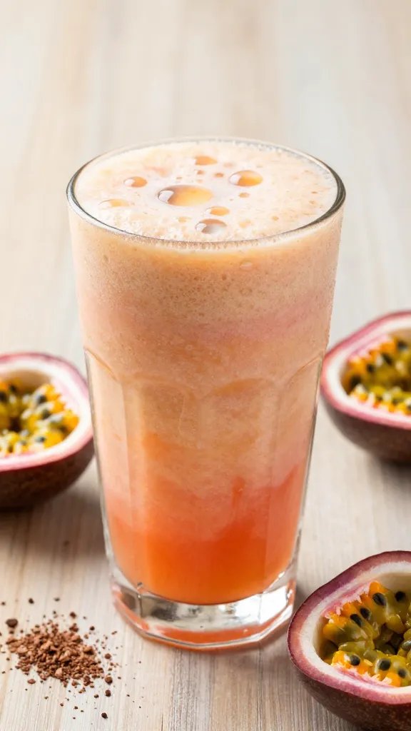 A high-resolution, photorealistic image of a tropical sunset-inspired smoothie in a chilled, frosted glass. The glass is filled with a creamy, slightly foamy orange-pink passionfruit-coconut blend, with hints of tropical sunset hues—peach, coral, and soft gold—visible through the liquid. The glass sits on a light wooden surface with subtle condensation, surrounded by a few fresh passionfruit halves (one opened to reveal bright yellow-orange pulp and black seeds) and a drizzle of coconut water droplets on the rim. A small, delicate dusting of cacao nibs is sprinkled nearby for crunch, with a soft, natural backlight that emphasizes the drink’s smooth texture and a glossy sheen. No text, natural shadows, and a shallow depth of field to keep the focus on the glass and the vibrant color of the smoothie.