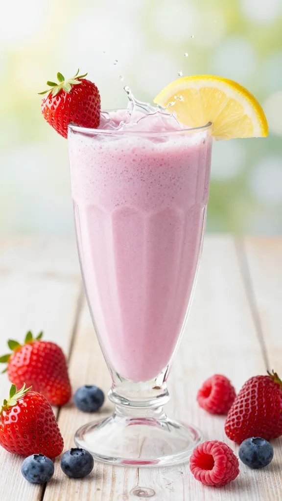 Create a high-resolution, realistic photo of a tropical beverage titled "Coconut Water Berry Breeze" as the main subject.Center a tall, clear glass filled with a pale pink–lavender smoothie-like drink with a light frothy top. Surround the glass with a few fresh mixed berries (strawberries, blueberries, raspberries) casually arranged on a rustic wooden surface, with a couple of berries perched on the rim for flair. Include a small splash of coconut water visible inside the glass to emphasize clarity and freshness. Add a light, natural backdrop with soft, sunlit bokeh in the background, and a thin lemon wedge or a tiny lemon slice resting on the rim for a subtle citrus cue. Use cool, bright lighting to highlight the drink’s refreshing quality and the glossy sheen of the berries, with shallow depth of field to keep the focus on the glass and berries. No text, no logos.