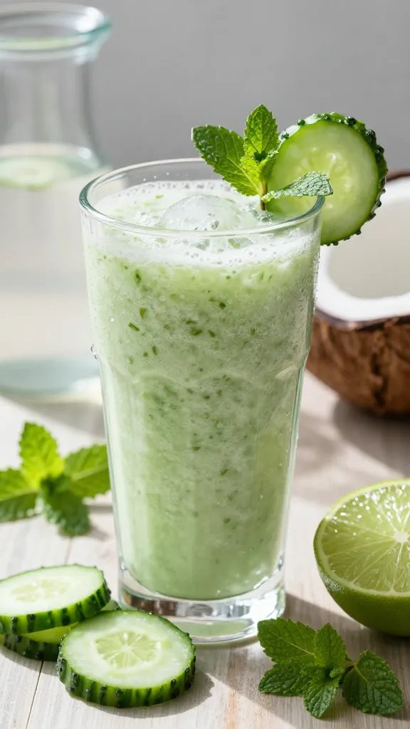 A high-resolution, hyper-realistic food photograph of a refreshing Coconut Water Smoothie titled “Cucumber Mint Coconut Refresher.” The scene features a tall, clear glass filled with a pale, icy-green smoothie, showing visible cucumber specks and a light, frothy texture, placed on a sunlit wooden surface. Surrounding elements include a few thin cucumber slices, a small bunch of fresh mint sprigs, and a half-cut lime with juice droplets on the rind. A mint sprig and a cucumber slice are used as garnish on the rim of the glass. In the background, softly blurs a pitcher of coconut water and a couple more mint leaves to imply ingredients. The lighting is bright and natural, with cool tones to emphasize freshness, and a subtle condensation bead on the glass to convey chill. No text or branding on the image.