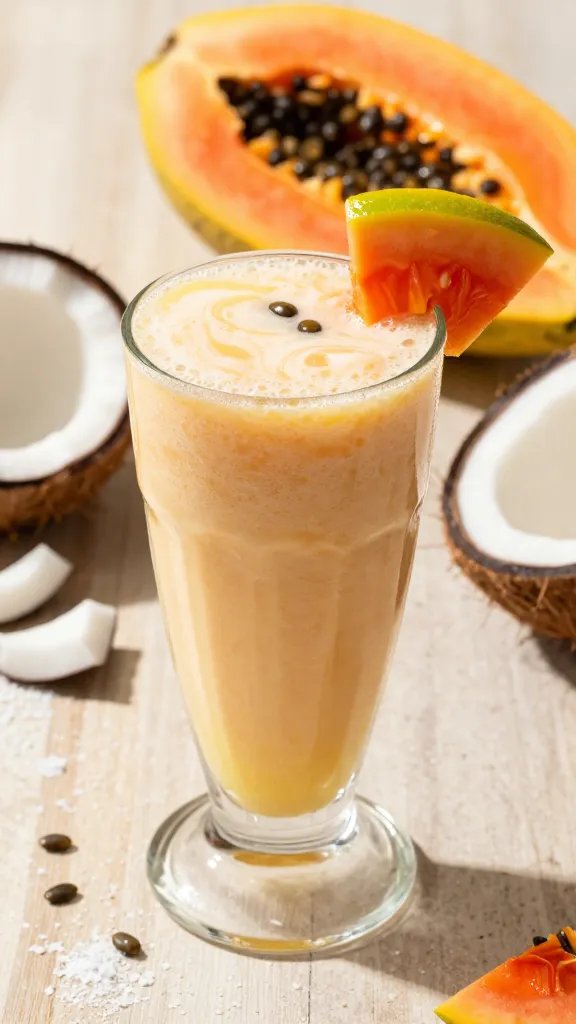 A vibrant, high-resolution still life of a tropical smoothie called "Papaya Coconut Cream Wave" in a clear glass tumbler with a slight froth on top and a glossy sheen, placed on a sunlit wooden or terrazzo surface. The smoothie should have a creamy peach-papaya color with subtle swirls of coconut water visible, and a thin lime-yellow tint from the lime juice. Garnish with a thin, glossy papaya slice perched on the rim and a few tiny papaya seeds scattered nearby for texture. Include a few tropical accents around the glass: a halved papaya showing its bright orange flesh in the background, a few fresh coconut pieces or a small cracked coconut shell, and a light dusting of coconut flakes for shimmer. Lighting should be bright and natural, simulating a summer midday glow with gentle highlights and soft shadows to emphasize the creamy texture and refreshing quality. No text or branding on the image.