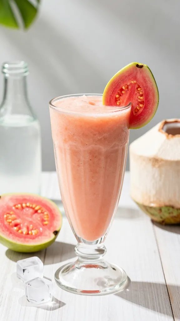 A high-resolution, photorealistic still life of a tropical smoothie served in a chilled, tall clear glass. The smoothie is a creamy, pale pink-orange blend with a soft, glossy surface, showcasing the guava-coconut flavor. The glass is garnished with a thin, vibrant guava slice placed on the rim. Surround the glass with tropical elements: a halved ripe guava with bright pink flesh and small seeds, a small bottle or glass of coconut water, and a few ice cubes lightly melting nearby. Use sunlit natural light from the side to create gentle highlights and soft shadows, emphasizing a refreshing, summery vibe. Place on a clean, light wooden or white marble surface with a subtle, airy background suggesting a tropical kitchen or outdoor patio. Ensure the composition centers the glass as the main subject, with complementary colors of pink, green, and coconut white. No text on the image.
