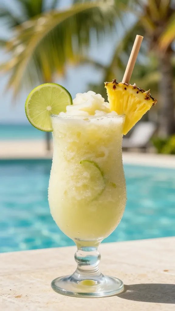 A vibrant, high-resolution photo of a tropical coconut lime pineapple freeze smoothie served in a chilled, frosted glass tumbler. The smoothie should have a slushy, snow-like texture with a pale yellow-green hue from lime, pineapple, and coconut water. Garnish with a thin lime wheel perched on the rim and a bright pineapple spear laid across the rim, set against a sunlit, tropical backdrop featuring a softly blurred turquoise pool, lush green palm fronds, and hints of a sandy beach in the distance. Include subtle droplets on the glass to emphasize refreshment, a light condensation beard on the exterior, and a small, decorative wooden straw. The scene should evoke a luxe resort mood with warm, golden-hour lighting, shallow depth of field, and a clean, uncluttered composition focusing on the glass as the main subject. No text on the image.