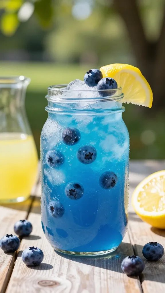 A vibrant, high-resolution still life of a Blueberry Lemonade Slushi served in a tall, clear mason jar with a frosty, icy blue swirl. The jar is garnished with a twist of lemon rind and a few plump blueberries perched on the rim. Set on a sunlit wooden picnic table outdoors, with dappled shade from leafy trees and a soft bokeh background suggesting a park or backyard gathering. Surround the glass with a lightly frosted surface, a small pitcher of extra lemon juice, a few loose blueberries, and a partial lemon wedge to emphasize fresh ingredients. The scene should capture the glossy texture of the blended slushi, the subtle sparkle of carbonation from the optional club soda, and a refreshing, summery vibe. Lighting is bright, natural, and warm, with shallow depth of field to keep the Blueberry Lemonade Slushi as the main focal point, no text or branding visible.
