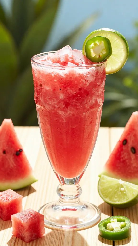 A hyper-realistic, high-contrast food photography scene of a tall, clear glass filled with vibrant watermelon jalapeño slushi, showcasing a luminous pink-red slushy with visible crushed ice and tiny specks of jalapeño. The glass sits on a sunlit wooden patio table with a light, summery backdrop of blurred green foliage and a hint of blue sky. Garnish a thin lime wheel on the rim and a translucent jalapeño slice perched on the edge for color. Surround with complementary elements: a small scoop of watermelon cubes, a lime wedge, and a half-cut jalapeño for visual texture. Use natural sunlight with a slight golden hour glow to enhance the juice’s sheen and create refreshing condensation on the glass. Capture from a slight top-down angle to showcase the layers, with depth of field that keeps the drink sharp while softly blurring the background, and ensure no text is present in the image.