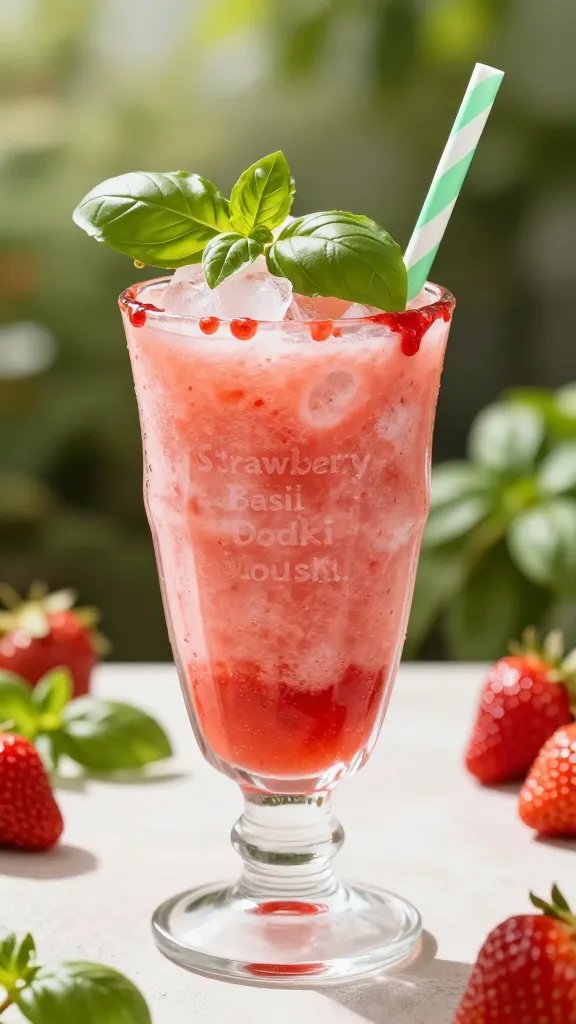 A high-resolution, hyper-realistic photo of a tall, frosty slushi cup titled “Strawberry Basil Vodka Slushi” as the main subject, set in a sunlit outdoor garden-inspired scene. The cup is transparent, filled with vibrant pink-trosted slushy, layered with visible crushed ice, and garnished with a fresh, bright green basil leaf perched on the rim. The background features soft-focus greenery and hints of ripe strawberries, with a subtle condensation glow on the glass. Include a small, elegant drizzle of strawberry puree on the rim and a delicate shared mint-green straw angled into the cup. The lighting is warm and summery, emphasizing the juicy shimmer of the strawberries and the herbaceous brightness of the basil, with a shallow depth of field to keep the slushi as the unmistakable focal point. No text or logos.