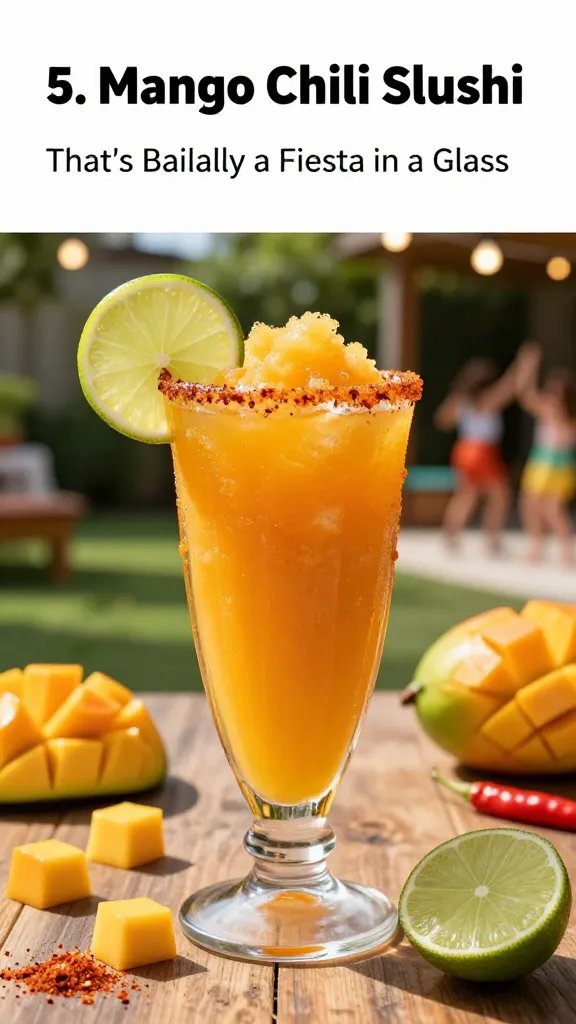 A vibrant, high-resolution photo of a glossy mango chili slushi served in a tall, frosted glass with a slightly slushy texture. The drink should showcase a radiant mango-orange hue with visible icy slush, a thin lime wheel perched on the rim, and a light dusting of chili salt along the rim for swagger. Surrounding the glass are scattered mango chunks, a small pinch of chili powder, and a lime wedge on a rustic wooden outdoor table to suggest a backyard fiesta. In the background, a sun-drenched yard with subtle fairy lights and a hint of dancing silhouettes should imply a spontaneous dance break moment. The main subject from the article title—“5. Mango Chili Slushi That’s Basically a Fiesta in a Glass”—is represented by a lively, summery presentation: fresh mango motifs, a festive color palette (bright orange, lime green, and chili red), and a clean, appetizing composition with natural lighting, shallow depth of field, and no text on the image.