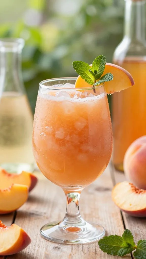 A high-resolution, cinematic food photography shot of a vibrant Peach White Sangria Slushi served in a clear, stemless wine glass perched on a rustic wooden table. The slushi is a pale peach hue with a smooth, chunky-smooth texture visible through the glass, crowned with a thin peach slice resting on the rim and a fresh mint sprig leaning beside it. Surround the glass with a few scattered peach slices and a softly blurred background of summer garden greenery and warm sunlight. Include a small, frosted glass jug of white wine and a half-full bottle of orange liqueur in the background to imply the cocktail’s ingredients, with natural, diffused lighting to create gentle reflections on the glass and ice crystals. Style notes: minimal garnish that emphasizes freshness, shallow depth of field (aperture around f/2.8 to f/4), realistic textures: condensation on the glass, glistening peach juice, and a slightly frosty surface on the slushi. No text or branding visible in the image.