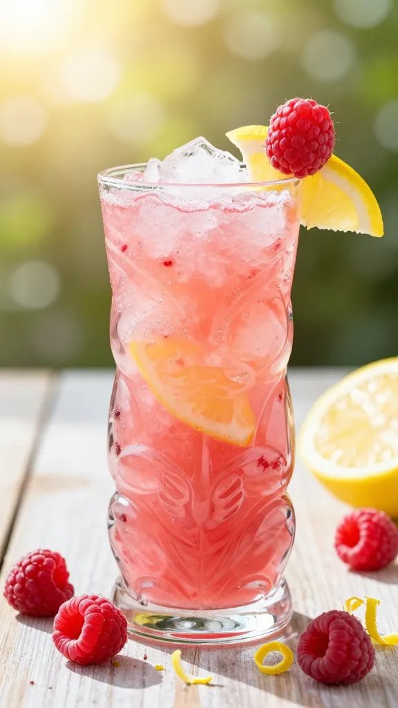 A vibrant, high-resolution still life of a crystal-clear tiki-style glass filled with bright raspberry lemon slushi, ice slush shimmering with sunlit pink and pale yellow hues. The glass sits on a rustic pale wooden surface with a soft, sun-drenched bokeh background suggesting a sunny summer day at a patio. Garnish the rim with a delicate lemon twist and a single fresh raspberry perched on the edge. Surround the glass with a few fresh raspberries, a lemon half, and a small scattering of lemon zest curls for a fresh, sparkling vibe. Include a subtle condensation on the glass to emphasize cold refreshment, and balance warm golden tones with cool raspberry pink to convey a sparkling, summery feel. The main subject should be clearly the Raspberry Limoncello Slushi that Sparkles Like Sunshine, presented in an inviting, appetizing way without any text overlays.