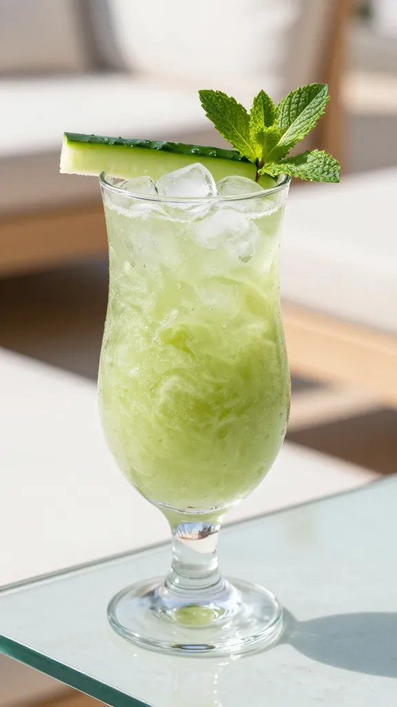 A high-resolution, photorealistic image of a chic, ice-cold cucumber mint gin slushi served in a tall clear glass, placed on a minimalist glass bar table. The slushi should be a pale, translucent green with visible crushed ice, subtly swirled to show texture. Garnish with a slender cucumber spear resting along the rim and a fresh mint sprig, leaves vibrant and dewy. In the background, soft, sunlit summer tones with hints of a spa-like setting—white marble surface, light wood accents, and a blurred, airy outdoor vibe. The lighting is bright and natural, highlighting the condensation on the glass and the shimmering gin infusion, with a clean, uncluttered composition that keeps the main subject dominant. No text on image.