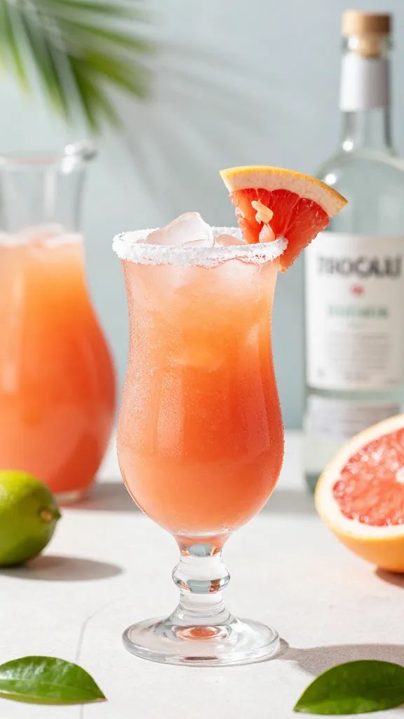 A vibrant studio-style photograph of a chilled Grapefruit Tequila Slushi served in a tall frosted glass with a salted rim, garnished with a spiraled grapefruit twist resting on the rim and a small wedge perched on the edge. The slushi should have a bright pink-orange gradient, with visible crushed ice chunks suspended for a slushy texture. Surround the glass with tropical surf-photo props: a clear glass pitcher of grapefruit juice, a bottle of tequila with a subtle label, a halved grapefruit, and a lime leaf accent. Use natural, sunlit lighting that highlights condensation on the glass and the glossy surface of the slush. Background should be a light, airy kitchen or beachy patio setting with soft bokeh, ensuring the main subject from the article title—Grapefruit Tequila Slushi—is the focal point. No text anywhere in the image.