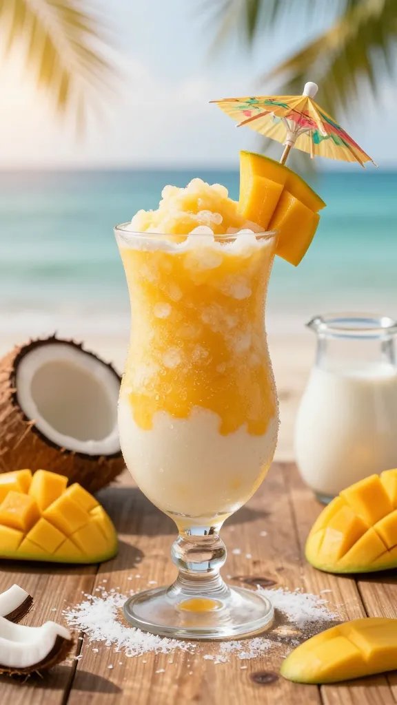 A high-resolution, hyper-realistic food photograph of a tropical mango coconut tequila slushi served in a tall, frosted glass with a thick, slushy texture and a slight golden gradient from mango at the top to creamy coconut at the bottom. Garnish with a single skewered slice of mango and a tiny umbrella tucked into the rim. The glass sits on a sun-washed wooden bar or outdoor tiki table with scattered tropical elements: a cracked-open coconuts, fresh mango chunks, a small pitcher of coconut milk, and a light dusting of shredded coconut around the base. In the background, a soft-focus seaside terrace with turquoise water, palm fronds, and warm golden-hour lighting to evoke a vacation vibe. Capture the condensation on the glass, vibrant orange-yellow mango hues, creamy white coconut undertone, and the subtle shimmer of tequila. No text on image. The main subject should be the Mango Coconut Tequila Slushi as described, presented as inviting, refreshing, and photogenic for a summer recipe feature.