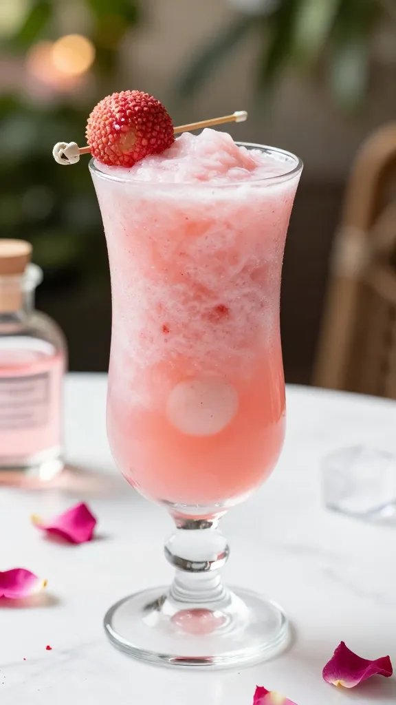 A high-resolution, photorealistic image of a chic, tall cocktail slushi served in a clear, frosted glass mug with a rounded handle, placed on a pristine white marble surface. The slushi has a pale pink-lilac hue with a smooth, slushy texture, subtly swirled to show lychee and rosewater infusion. A single glossy lychee fruit sits on a decorative cocktail pick resting across the rim. Delicate rose petals lightly scattered around the base add a romantic, floral touch. In the background, softly blurred hints of a summer garden scene with warm sunlight and hints of greenery. A small, elegant glass bottle of rosewater and a cube of ice can be seen faintly in the distance, enhancing the luxurious, fancy vibe. No text on the image. Main subject: Lychee Rose Vodka Slushi.