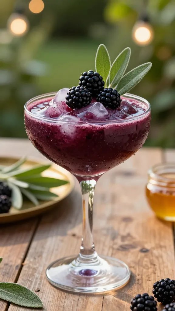 A high-resolution, photorealistic image of a Blackberry Sage Bourbon Slushi served in a clear, chilled coupe glass, placed on a rustic wooden table outdoors at golden hour. The slushy beverage is deep blackberry-purple with a glossy, icy texture and tiny ice shards reflecting sunlight. A few dark blackberry berries and a fresh sage sprig rest across the rim as garnish, with delicate condensation beads on the glass. In the softly blurred background, include hints of a garden party setting—lush green foliage, soft bokeh lights, and a subtle brass tray with additional sage leaves and a small dish of honey. The overall mood is elegant yet approachable, capturing a sophisticated summer vibe. No text in the image.