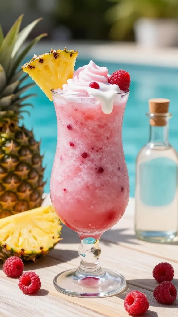 A high-resolution, sun-drenched poolside still life featuring a tall, frosty pineapple raspberry coconut slushi served in a clear, curved hurricane glass with a vibrant pink-purple hue and a thick, icy slush texture. Garnish with a glossy pineapple wedge perched on the rim and a few plump raspberries dotting the surface. Include a small, elegant drizzle of coconut cream on top to create soft white swirls, and a subtle hint of tropical condensation on the glass. Surround the glass with tropical accessories: a sliced pineapple half, a few fresh raspberries, and a short glass bottle of light white rum with a cork stopper, all on a light wooden poolside table. In the background, blurred turquoise pool water and sunlit greenery suggest a tropical getaway. The main subject should be clearly identifiable as the Pineapple Raspberry Coconut Slushi, with realistic textures: icy crystals, creamy coconut swirls, juicy fruit, and a glossy glass surface. No text on the image.