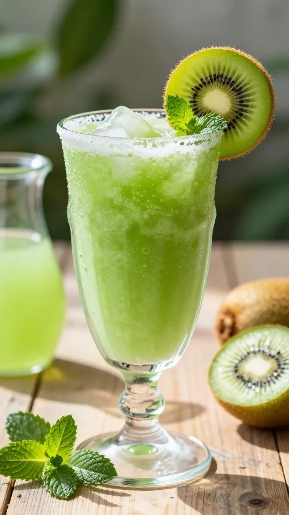 A vibrant, high-resolution food photograph of a kiwi mint vodka slushi poured into a tall, clear glass with a lightly frosted rim, showcasing a bright jade-green, ice-slush texture. The glass sits on a rustic wooden surface with natural sunlight casting soft, warm highlights. Garnish features a thin kiwi wheel perched on the rim and a delicate mint sprig resting against the glass. Surrounding props include a halved kiwi with its bright green flesh and tiny seeds visible, a small glass pitcher of lime juice, and a few loose fresh mint leaves for a garden-fresh feel. The background is softly blurred with hints of greenery to reinforce the garden escape vibe, ensuring the "Kiwi Mint Vodka Slushi" is the unmistakable main subject. No text on the image.