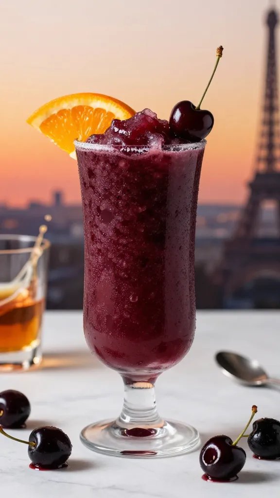 A high-resolution, hyper-realistic food photography shot of a chilled Black Cherry Bourbon Slushi served in a tall, frosted highball glass. The slushi should have a deep, burgundy-black color with a glossy, slushy texture and visible small ice crystals. Garnish the rim with a thin orange wheel and a single plump cherry skewered on a cocktail pick resting on the edge. Include a soft, sunset-hued backdrop reminiscent of a Parisian skyline at dusk, with warm amber and peach tones reflecting gently on the glass to evoke a “Paris sunset” vibe. Surround the glass with minimal additional props: a small, stylish orange slice on the rim, a subtle splash of bourbon in a tiny glass beside, and a few fresh black cherries and a spoon with a hint of syrup to suggest ingredients, all arranged on a clean, light marble surface. Use natural lighting from the side to create gentle shadows and highlight the slushy texture and glossy surface of the drink. No text.