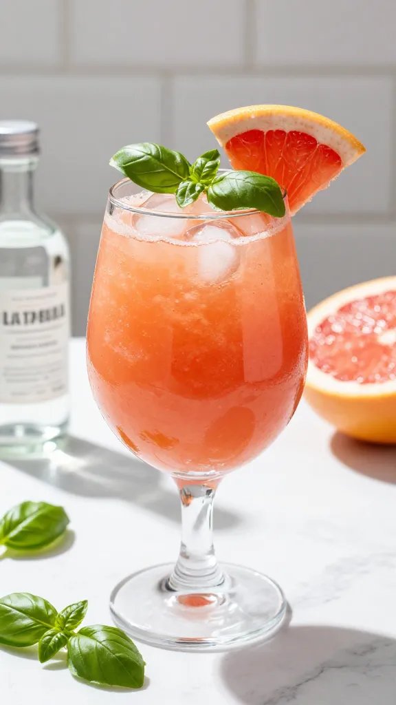 A ultra-realistic, high-resolution food photography scene of a vibrant Grapefruit Basil Vodka Slushi in a chilled, stemless glass with a subtle frosted rim, sitting on a sunlit white marble countertop. The slushi shows a bright pink-orange hue with a glossy, slushy texture and a few visible ice crystals. A fresh basil leaf rests on top as a garnish, with a delicate grapefruit twist perched on the rim. Surrounding props: a small glass bottle of vodka, a halved grapefruit with exposed juicy segments, and a few scattered fresh basil leaves to emphasize the herbaceous note. The background is softly blurred to evoke a bright, summery vibe, with natural light casting gentle reflections and a clean, inviting atmosphere. No text on the image.