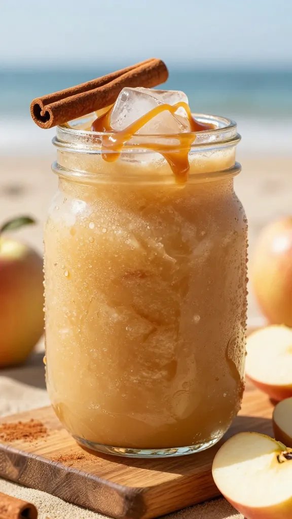 A high-resolution, hyper-realistic food photograph of a glassy, thick apple cider rum slushi served in a chilled, wide mason jar-style tumbler with a frosted rim. The slushi has a creamy caramel swirl, a rich amber-to-golden color, and visible ice crystals for a refreshing, slushy texture. The top is drizzled with extra caramel sauce in a zigzag pattern, with a single cinnamon stick resting diagonally across the rim as a playful stirrer. The background features warm autumn tones with soft natural sunlight filtering through, creating gentle bokeh and a subtle beachy vibe—sand-colored surface, hints of blue ocean out of focus. Include a small, rustic wooden board beside the glass with a few apple slices and a light dusting of cinnamon to suggest flavors. No text, no logos. The main subject should be the Apple Cider Rum Slushi as described, presented in an inviting, photorealistic style that highlights condensation on the glass and the glossy caramel, conveying cozy autumn warmth on a sunny beach.