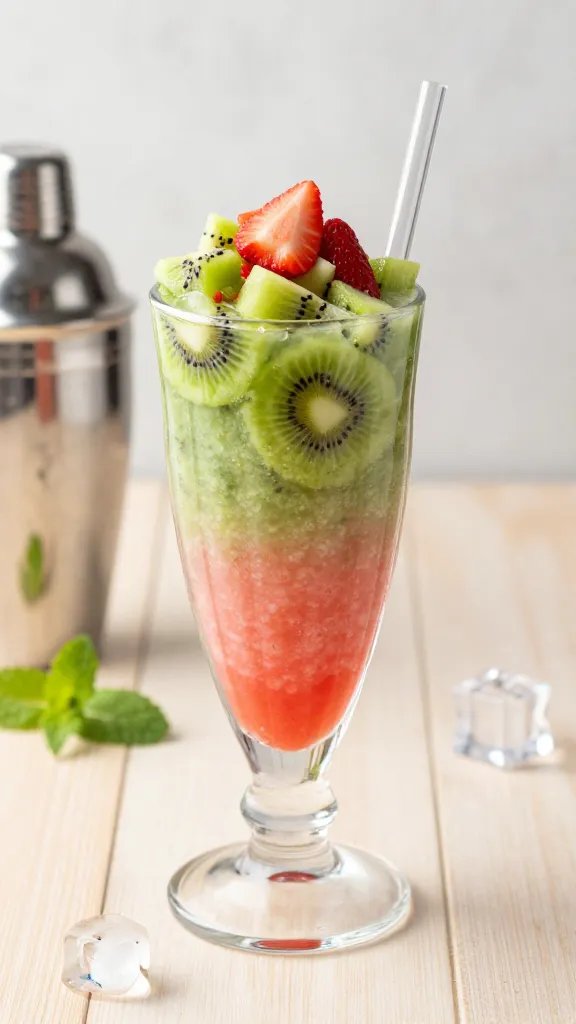 A vibrant, high-resolution food photography shot of a Kiwi Strawberry Vodka Slushi in a tall, clear glass with a layered, iridescent green and pink gradient from kiwi and strawberry purées, topped with an artful mix of diced kiwi and strawberry pieces for texture. The glass sits on a light wooden surface with soft natural lighting and subtle reflections, accompanied by a small, stylish cocktail shaker and a few scattered ice cubes to convey freshness. The background is softly blurred to emphasize the glass as the main subject, with a subtle pop of mint leaves and a glass straw for a modern, playful presentation. No text overlays.