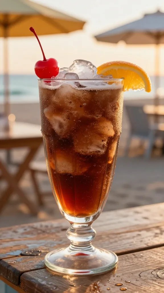 Create a hyper-realistic, high-quality food photograph of a chilled Cola Rum Slushi served in a tall, clear glass. The slushy should have a deep cola color with a glossy, icy texture and visible ice shards, capturing a perfectly blended slush. Include a subtle craft of a vanilla-syrup sheen within the drink and a faint gradient from rich cola at the bottom to lighter, frosty edges. Garnish with a bright cherry perched on the rim and a twisted citrus peel resting on the edge of the glass. In the background, evoke a nostalgic boardwalk vibe with warm, sunset-hued lighting, soft bokeh of beach umbrellas, and hints of a wooden railing and blue sea to suggest a summer seaside boardwalk atmosphere. Place the glass on a rustic wooden surface with condensation droplets to emphasize refreshment, and ensure the main subject aligns with the article title “Cola Rum Slushi” while avoiding any text on the image.