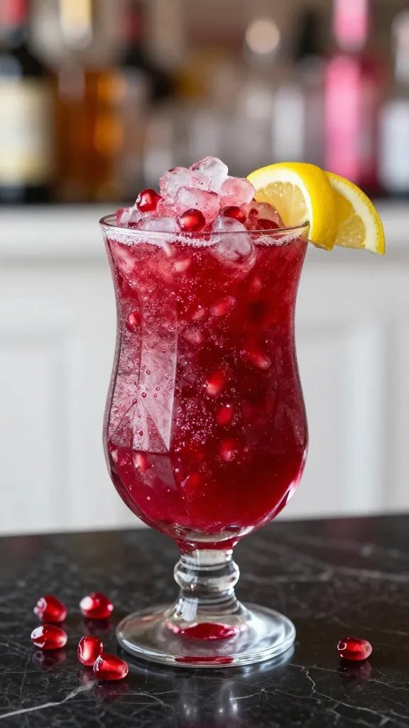 A glossy, crystal-clear slushy glass shaped like a gemstone, filled with vibrant pomegranate slush that gleams with deep ruby tones and tiny ice shards sparkling under soft studio lighting; the glass sits on a reflective black marble surface with a few fresh pomegranate arils scattered around and a delicate lemon twist perched on the rim. In the background, a blurred snow-white bar setup with a subtle bokeh of amber and pink lights suggests a festive party atmosphere. The image should capture a bold, tart-tunchy mood with a slight vodka sparkle visible as tiny bubbles near the surface, and the texture of the slush appears thick yet scoopable, conveying a luxurious, gem-like centerpiece suitable for summer celebrations. No text on image.