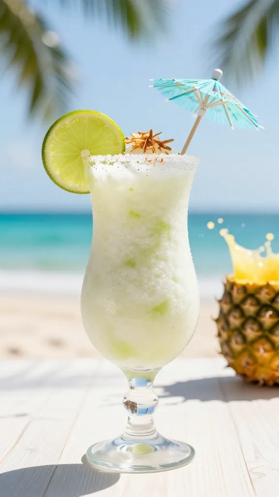 Create a high-resolution, photorealistic image of a tropical Coconut Lime Tequila Slushi served in a tall, clear chilled glass with a slightly frosted rim. The slushi should have a creamy, icy texture with a pale coconut color and subtle green-tue lime tint. Garnish with a vibrant lime wheel perched on the rim and a light dusting of toasted shredded coconut around the top. Include a small splash of pineapple juice in the background to suggest sweetness. Set on a sunlit beachside tabletop with soft bokeh of palm leaves and turquoise ocean in the background. Include a straw and a tiny decorative umbrella for a playful tropical touch. No text on the image. The main subject should reflect the article title: the Coconut Lime Tequila Slushi as the central focal point.