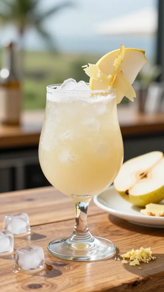 A high-resolution lifestyle still of a pear-ginger vodka slushi served in a chilled, stemless glass with a frosty rim, placed on a rustic wooden bar counter. The beverage is a pale, icy pear color with a glossy, slushy texture. Garnish a thin pear slice perched on the rim and a delicate, translucent ginger shard resting alongside for aroma. Surround the glass with scattered ice cubes, a peeled pear half in the background, and a small pinch of grated ginger on a pristine white plate to hint at ingredients. Soft natural light from the left creates gentle highlights and a shallow depth of field, with a blurred summer outdoors scene in the background to evoke a refreshing, party-ready vibe. No text on the image.