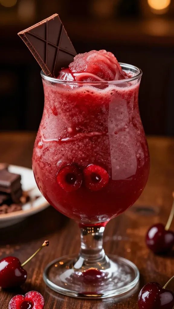 Create a hyper-realistic, high-resolution photograph of a luscious Cherry Jubilee Rum Slushi as the main subject, capturing a dramatic dessert-kissed slushi scene. The glass should be a tall, clear hurricane or stemless goblet brimming with a thick, glossy deep crimson slushi with a velvety texture. Ripple the surface slightly to show its creamy yet icy consistency. Garnish with a dramatic chocolate shard resting at a jaunty angle along the rim, with a delicate drizzle of extra chocolate artfully streaked over the shard and the slushi's surface. Scatter a few glistening cherry halves inside and around the base of the glass to emphasize the cherry-forward flavor. In the background, include a subtle, moody setting with warm amber lighting to evoke a celebratory, after-hours vibe, and a faint hint of dark chocolate shavings or syrup droplets on a reflective plate nearby. Ensure the main subject—the distinctive Cherry Jubilee Rum Slushi—dominates the frame, shot at a slightly elevated angle to showcase the glass, the texture, and the garnish, with no text or branding visible on the image.