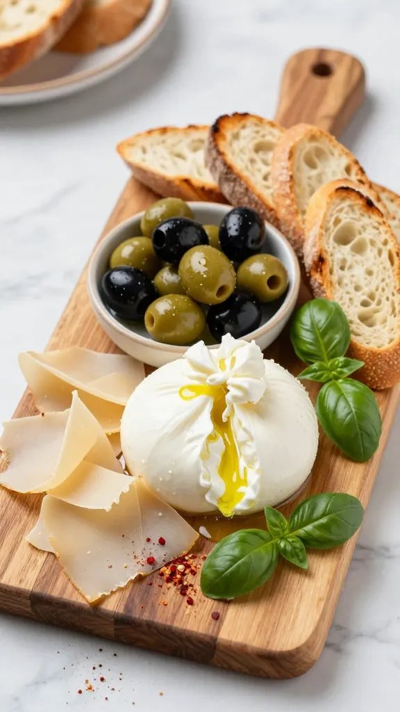 A sunlit Tuscan-inspired charcuterie board arranged on a rustic wooden board, placed on a light marble countertop. The centerpiece features a generous burrata torn into soft, creamy pools, flanked by thin shavings of Pecorino and a ring of mixed olives in a small ceramic dish, green and black varieties glistening with a light drizzle of extra-virgin olive oil. Crisp toasted baguette slices fan along the edge of the board, interspersed with a few fresh basil leaves. A light scattering of crushed red pepper flakes adds a hint of color and spice, with a few torn basil sprigs giving a fresh, vacation-like vibrancy. The composition is balanced and airy, evoking sun-drenched Italian countryside vibes, with natural, warm lighting, shallow depth of field softly focusing on the central burrata and olives while the breads and garnishes remain crisp and inviting. No text, hyper-realistic—captured as a lifestyle food photo suitable for a magazine.