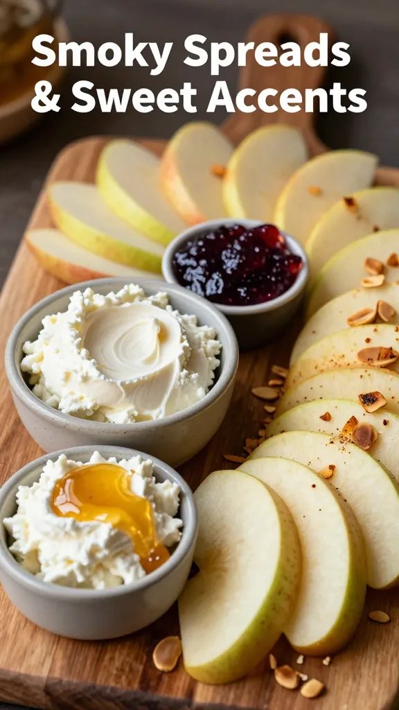 A high-resolution, close-up food photography shot of a feature charcuterie board titled “Smoky Spreads & Sweet Accents.” The board is set on a rustic wooden surface with warm, ambient lighting that highlights a glossy swirl of honey drizzled over a generous scoop of whipped goat cheese and a smooth, aromatic fontina spread in separate small ceramic bowls. Surrounding the spreads, artfully arranged thin apple and pear slices, lightly fanned, with toasted almond flakes scatteringly placed for texture. A small quenelle of fig jam sits nearby, its deep purple color contrasting with the lighter cheeses. The composition forms a loose, inviting spiral around the dips, with a subtle smoky backdrop—perhaps a tiny smoked paprika dusting or a faint smoke haze in the air—to evoke a hint of heat. The board should look abundant, balanced, and polished, with natural shadows and a shallow depth of field that keeps the focus on the goat cheese, fontina, and honey, while the fruit and nuts provide color and texture. No text or branding visible.