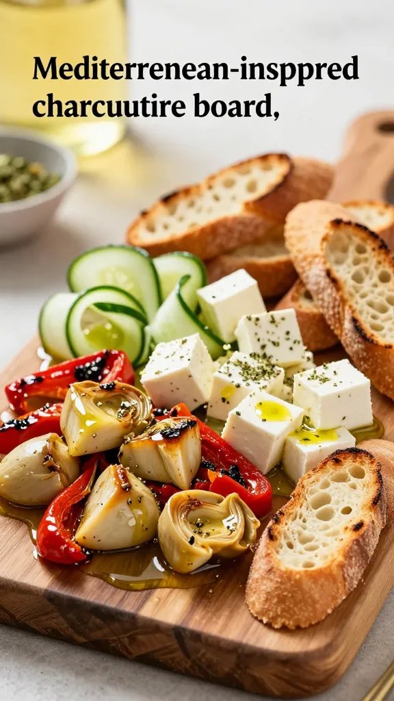 A vibrant, high-end food photography shot of a Mediterranean Dazzle Charcuterie Board arranged on a rustic wooden board. The board is loaded with sun-kissed marinated artichoke hearts and roasted red peppers as the base, with generous cubes of feta scattered among them and delicate cucumber ribbons twirled beside. Drizzle of glossy olive oil pools around the ingredients, catching the light to create a fresh, bright finish. Light dusting of dried oregano adds a subtle speckled texture. Include a lightly toasted baguette crostini arranged along the edge and a single breadstick crostini leaning casually. The background is softly blurred to emphasize the board, with warm, natural tones and golden hour lighting that enhances the Mediterranean vibe. The overall composition should feel inviting and vacation-inspired, with a shallow depth of field to keep the focus on the ingredients and textures. No text on the image. The main subject should reflect the article's heading and content: a Mediterranean-inspired charcuterie board.
